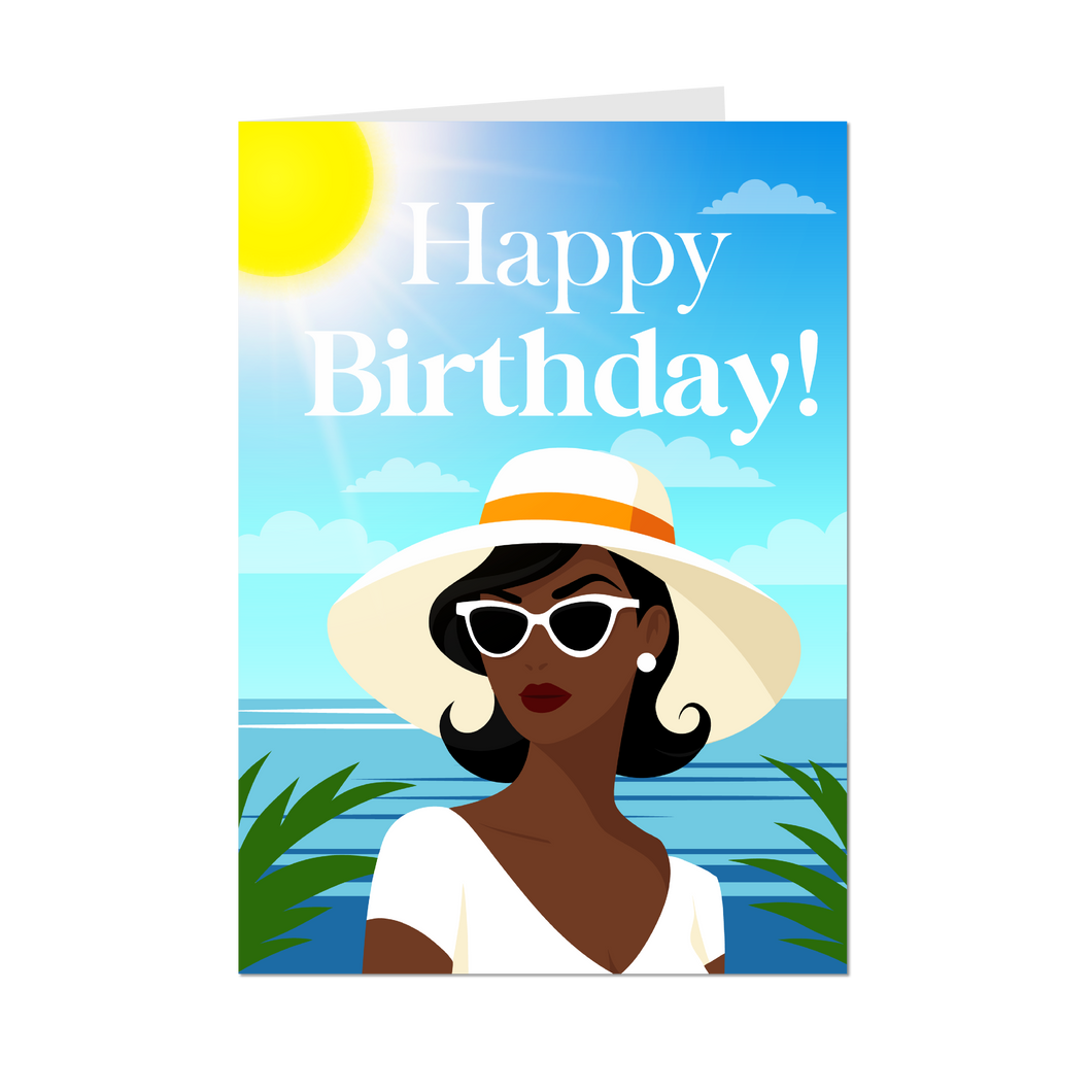 Sunglasses & Summer Hat - African American Woman Happy Birthday Cards - Front