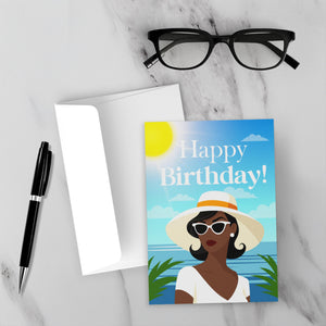 Sunglasses & Summer Hat - African American Woman Happy Birthday Cards - Front (With Background)