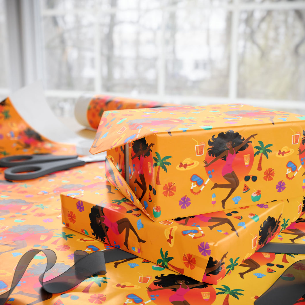 Sunset Beach Fun 2 - African American Woman - Gift Wrapping Paper - Wrapped Gifts