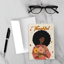 Load image into Gallery viewer, Thankful Vibes - African American Woman - Happy Thanksgiving Cards - Front (With Background)