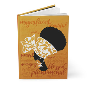 Uplifting Positive Words - Empowerment Hardcover Journal - Celebrating Black Beauty & Brilliance Front Slightly Opened