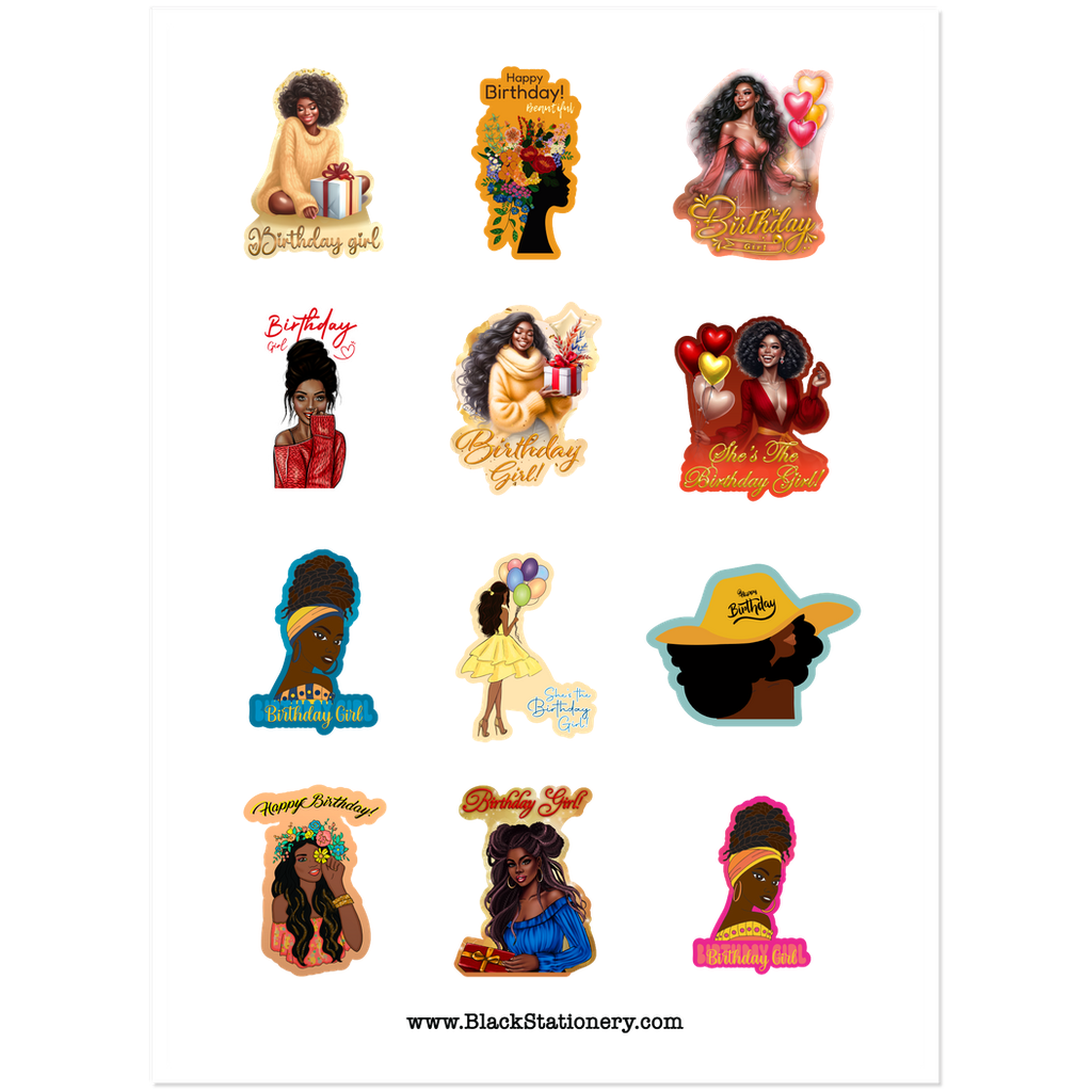 Variety of African American Hairstyles - Happy Birthday Sticker Sheet - Sample Image