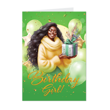 Load image into Gallery viewer, Vibrant Birthday Girl - African American Birthday Card (Green) - Balloons - Gifts - Lucky &amp; Blessed front