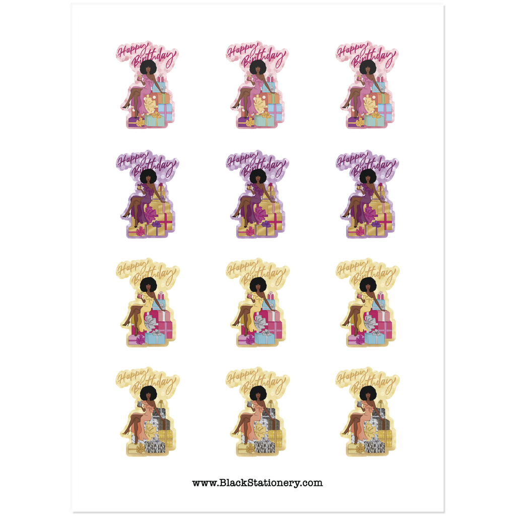 Woman & Gifts - Happy Birthday - African American Premium Sticker Set (Afro Hairstyle) - Sample Image