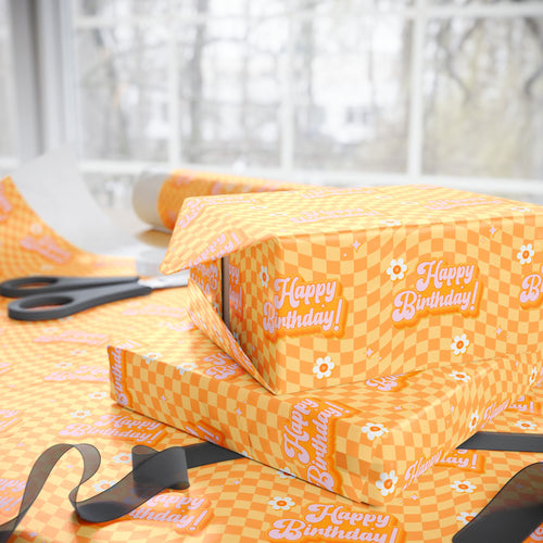 Yellow Checkered Happy Birthday Gift Wrapping Paper Roll - Wrapped Gifts