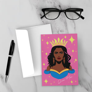 Queen Mom - African American Woman - Mother's Day Cards (Pink) Front with Sample Background