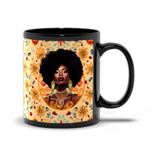 Load image into Gallery viewer, Floral &amp; Diamond Glam - African American Woman - Black Coffee Mug