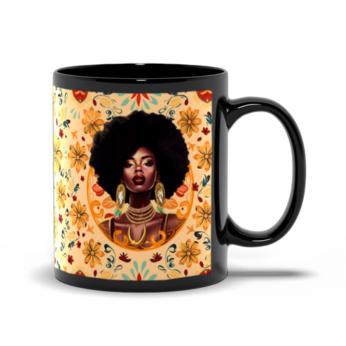 Floral & Diamond Glam - African American Woman - Black Coffee Mug