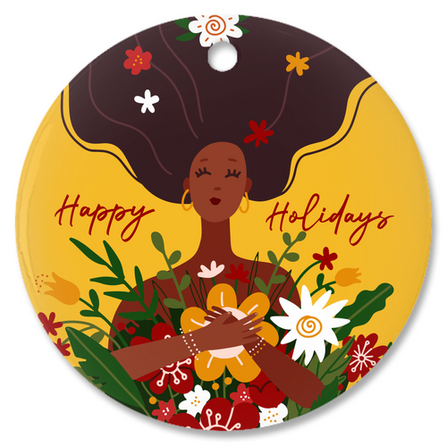 Gratitude & Flowers - African American Woman - Porcelain Christmas Ornaments
