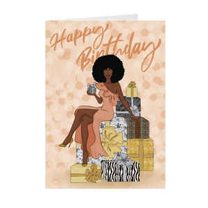 Afro - Peach Dress & Colorful Gifts - African American Birthday Card