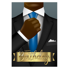 Load image into Gallery viewer, Gold T Banner - Suit &amp; Blue Tie – African American Man – Birthday Card