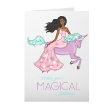 Load image into Gallery viewer, African American Girl on a Unicorn Birthday Card