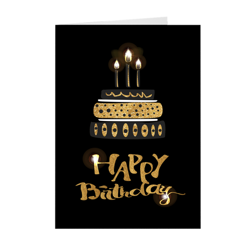 Black & Gold Birthday Cake - Candles Lit - Birthday Greeting Card