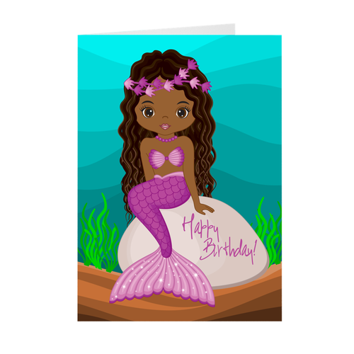 Purple - African-American Girl - Mermaid Birthday Card