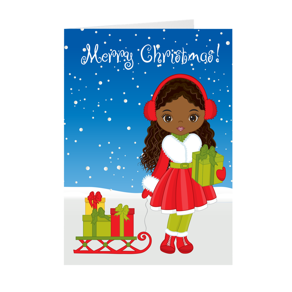 African American Girl w/ Gifts & Sleigh - Merry Christmas Greeting Cards