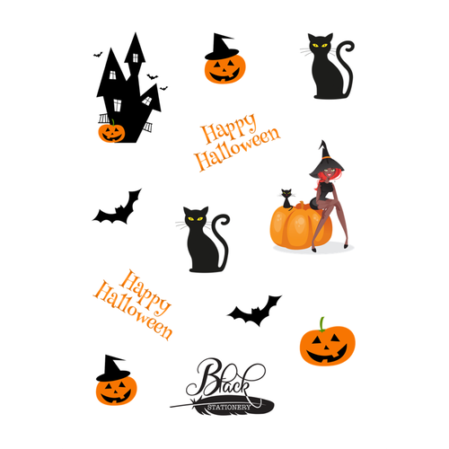 Happy Halloween - Witch, Cat, Pumpkin, Bat Premium Stickers