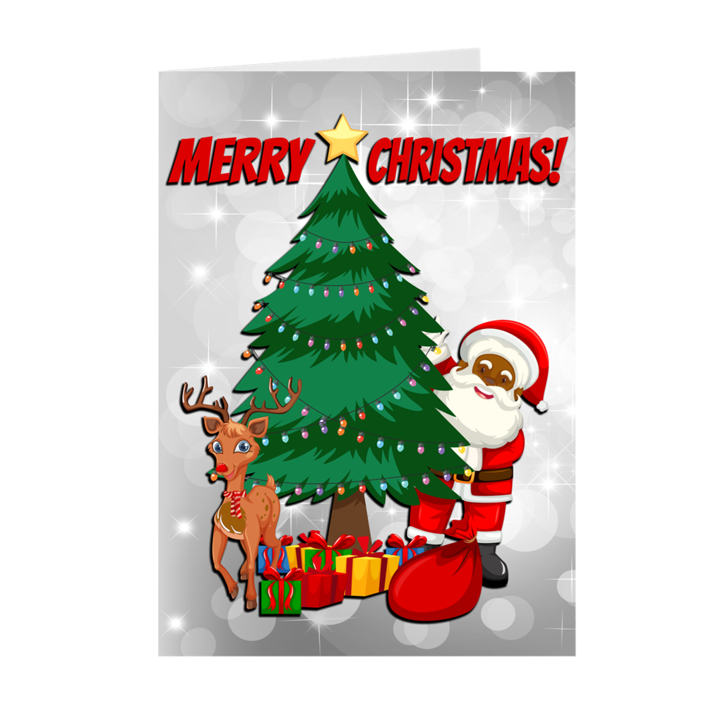 Christmas Tree, Reindeer & Black Santa Christmas Greeting Card