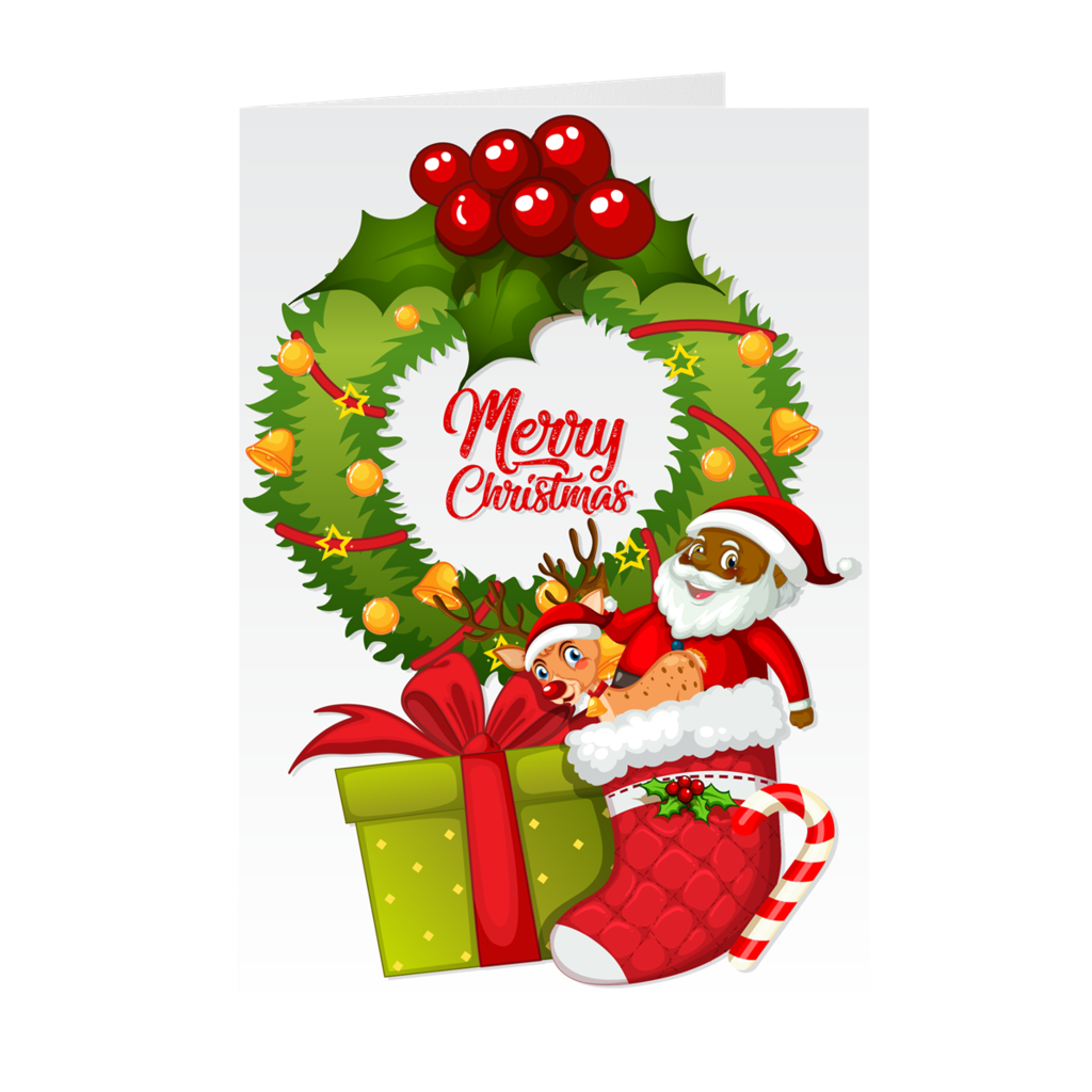 Wreath, Reindeer & Black Santa Claus Merry Christmas Greeting Card