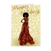 Load image into Gallery viewer, Afro - Red &amp; Gold Dress - African American Woman Happy Holidays Greeting Card