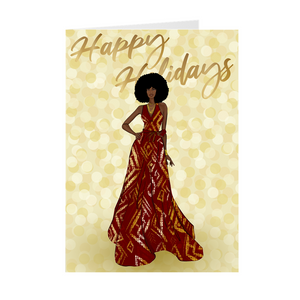 Afro - Red & Gold Dress - African American Woman Happy Holidays Greeting Card