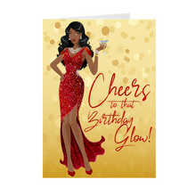 Load image into Gallery viewer, Cheers Birthday Glow - Red Gown - African American Girl - Greeting Card