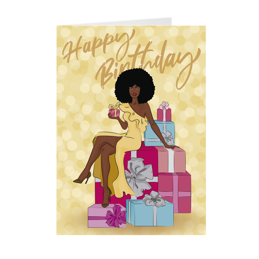 Afro - Yellow Dress & Colorful Gifts - African American Birthday Card