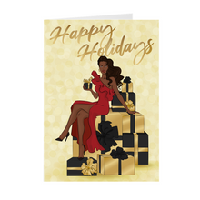 Load image into Gallery viewer, Happy Holidays Red Dress - Black &amp; Gold Gifts - African American Holiday Greeting Cards