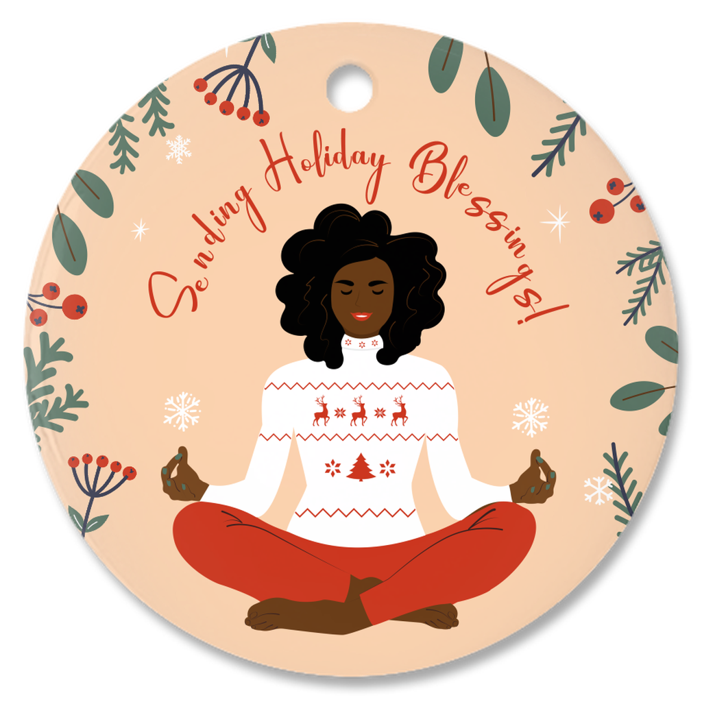 Black Woman Meditating - Thankful Grateful Blessed - Porcelain Ornament