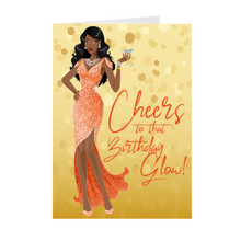 Load image into Gallery viewer, Cheers Birthday Glow - Peach Gown - African American Girl - Greeting Card