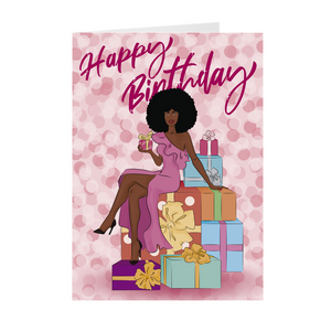 Afro - Pink Dress & Colorful Gifts - African American Birthday Card