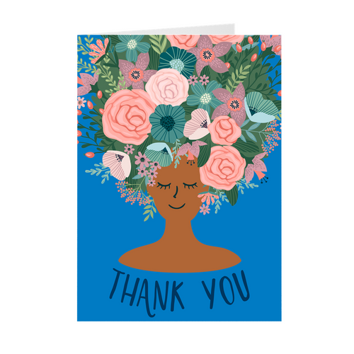 Blue - Floral African American Girl Thank You Cards