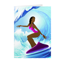 Load image into Gallery viewer, Black Surfer Girl - Purple Surfboard - Black Stationery Greeting Cards