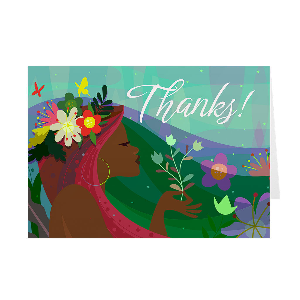 Green Floral - African American Girl - Black Stationery Thank You Cards