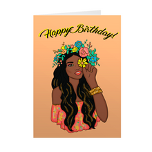 Load image into Gallery viewer, Black Is Beautiful - Black Woman &amp; Flower Crown - Black Birthday Cards