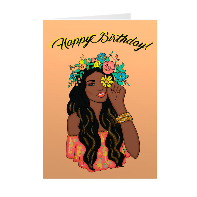 Black Is Beautiful - Black Woman & Flower Crown - Black Birthday Cards