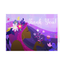 Load image into Gallery viewer, Purple Floral - African American Girl - Black Stationery Thank You Cards