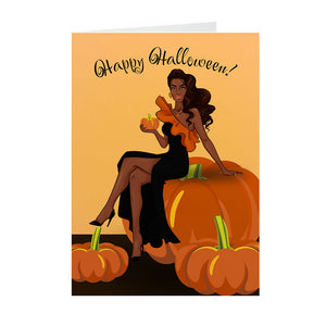 Halloween & Autumn Pumpkin Glam - African American Woman - Black Card Shop