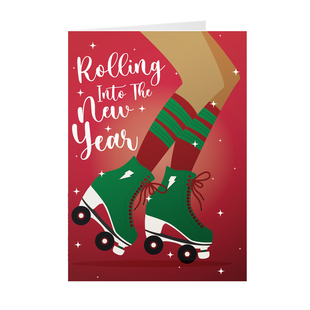 Roller Skate New Year - Black Stationery African American Greeting Cards