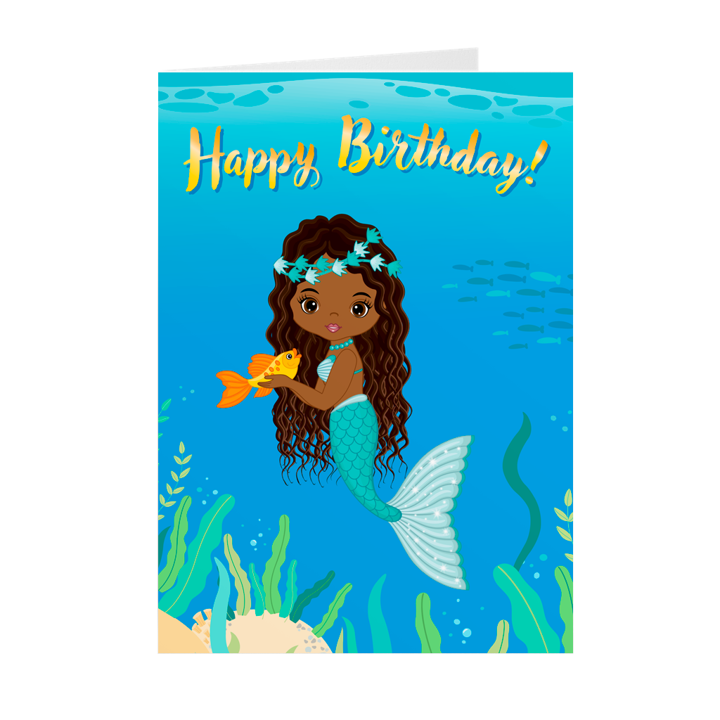 Blue - Black Mermaid - African American Kids Birthday Card