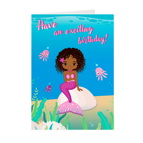 Purple - Black Mermaid - African American Kids Birthday Card