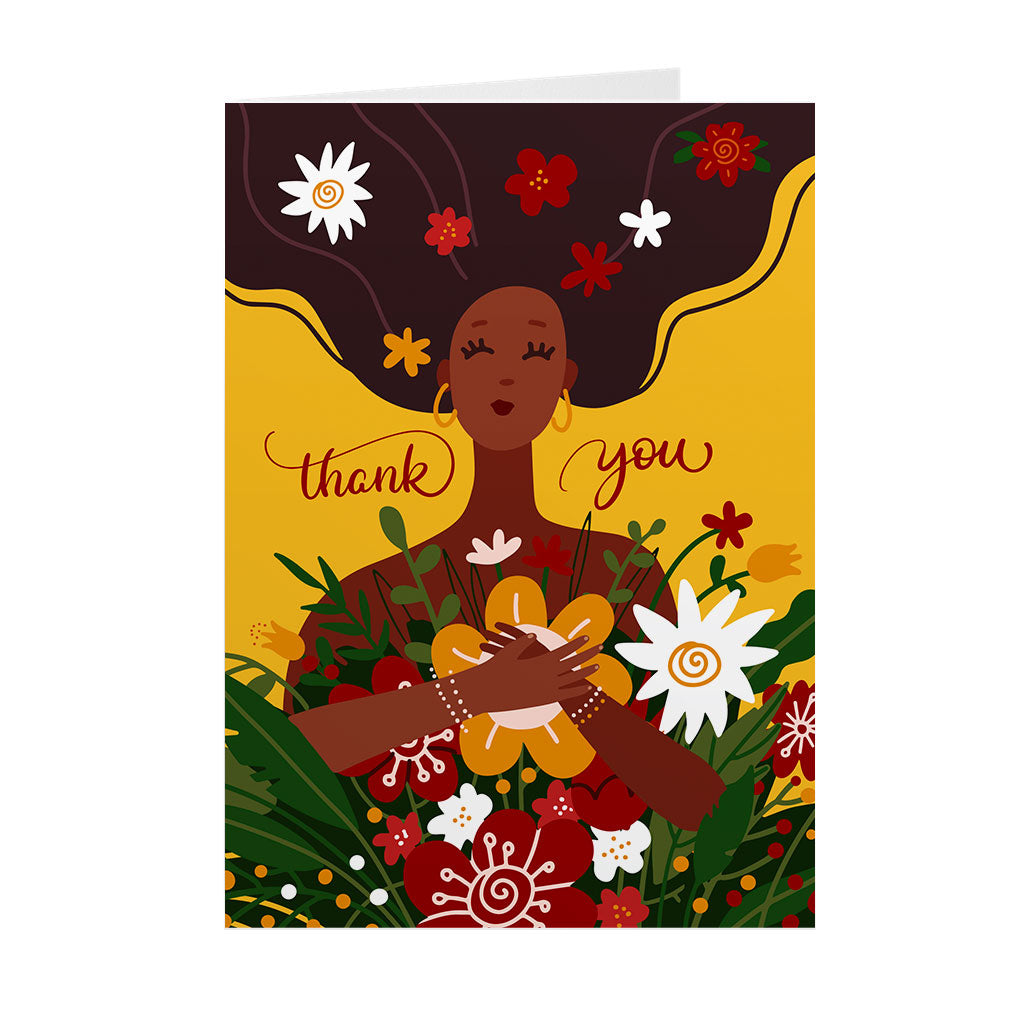 Gratitude & Flowers - Black Woman - African American Thank You Cards