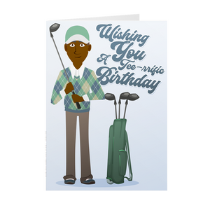 Blue & Green Argyle – African American Golf Player Birthday Card