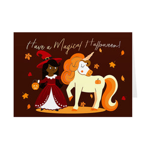 African American Girl & Unicorn - Magical Halloween - Black Card Shop