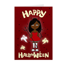 Load image into Gallery viewer, Smiling Girl &amp; Ghosts - Red Halloween Costume - Black Halloween Card Shop