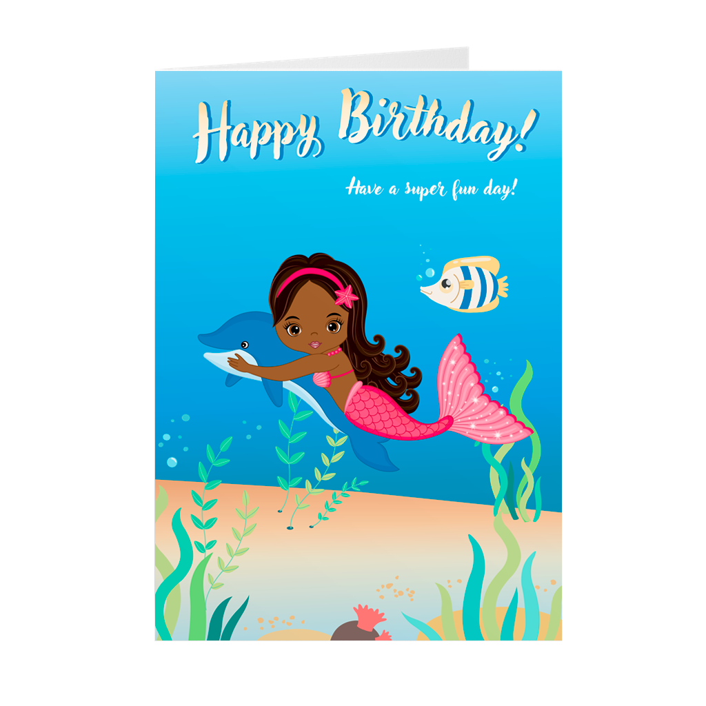 Pink - Black Mermaid - African American Kids Birthday Card – Black Stationery pink-black-mermaid-african-american-kids-birthday-card-black-stationery