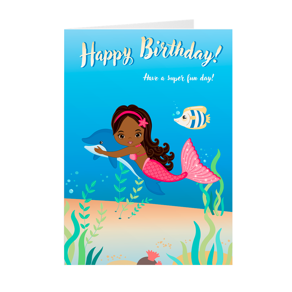 Pink - Black Mermaid - African American Kids Birthday Card