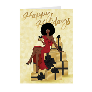 Afro Happy Holidays - Red Dress- African American Holiday Greeting Cards