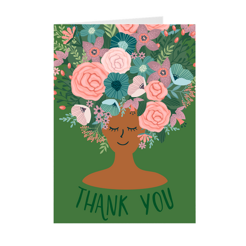 Green - Floral African American Girl Thank You Cards
