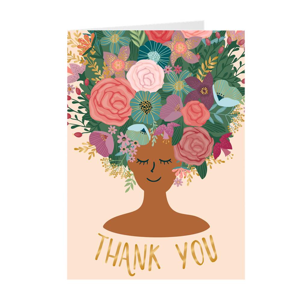 Tan - Floral African American Girl Thank You Cards