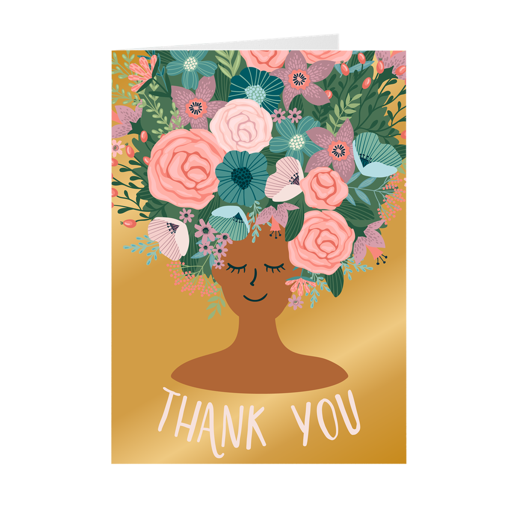 Gold - Floral African American Girl Thank You Cards